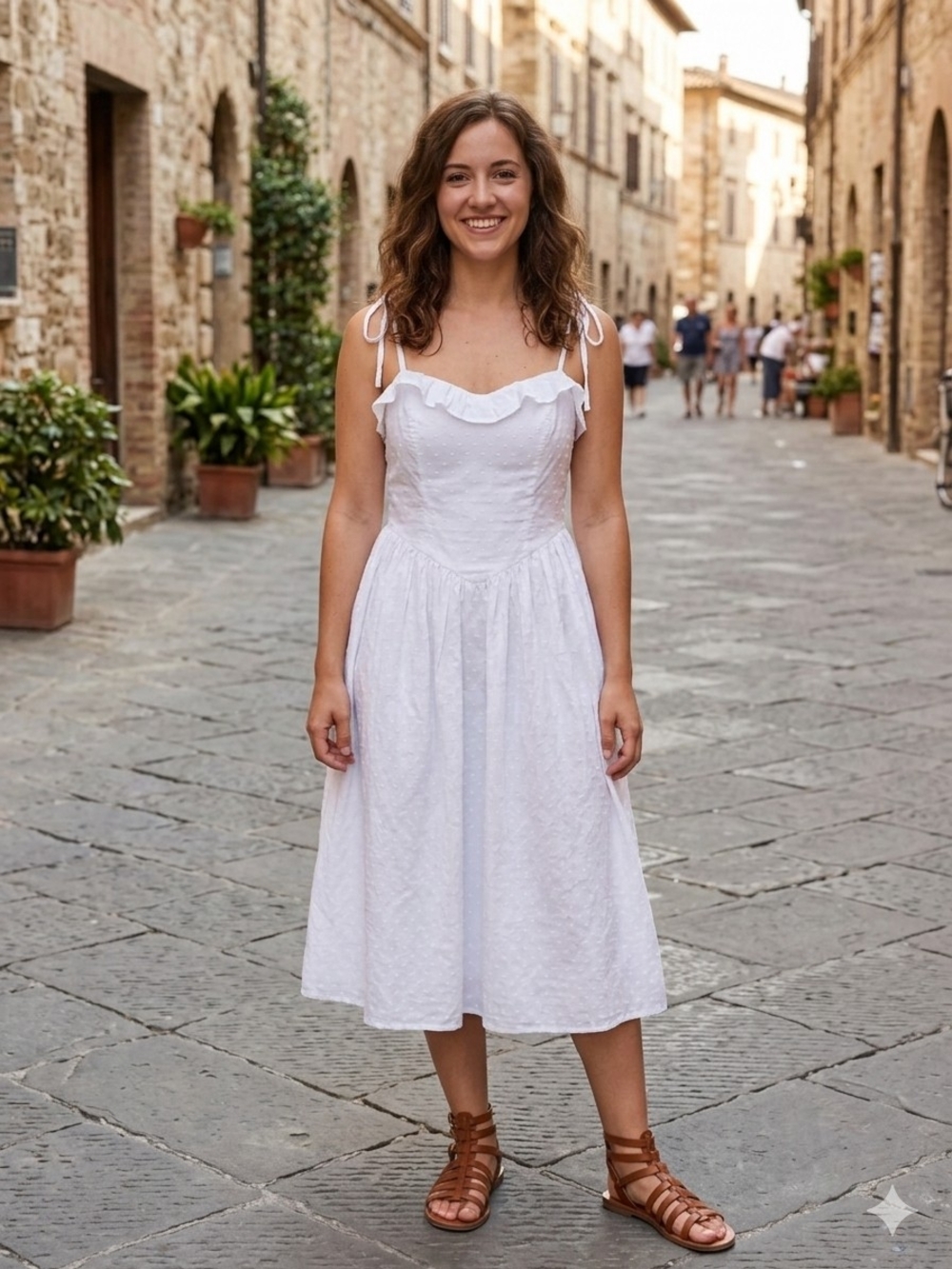Women's White Ruffle Tie-Shoulder Midi Dress